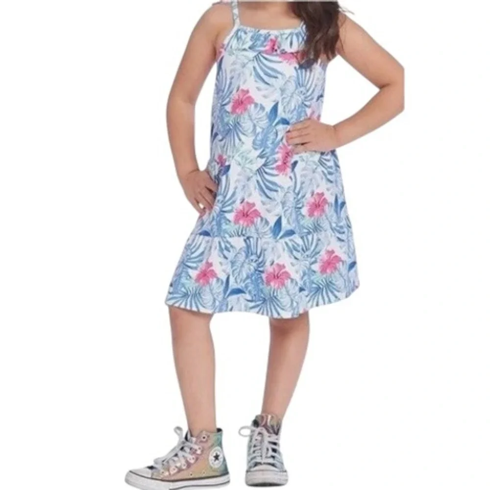 Tommy Bahama Girls 2T Tropical Hibiscus Palm Tiered Tie Shoulder Sundress Blue